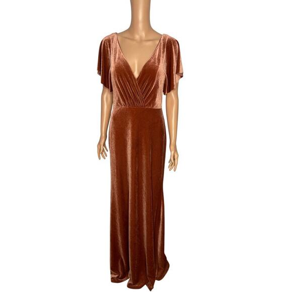 Jenny Yoo Elliss Flutter Sleeve Open Back Velvet Maxi Dress size 6 English Rose - Picture 3 of 12